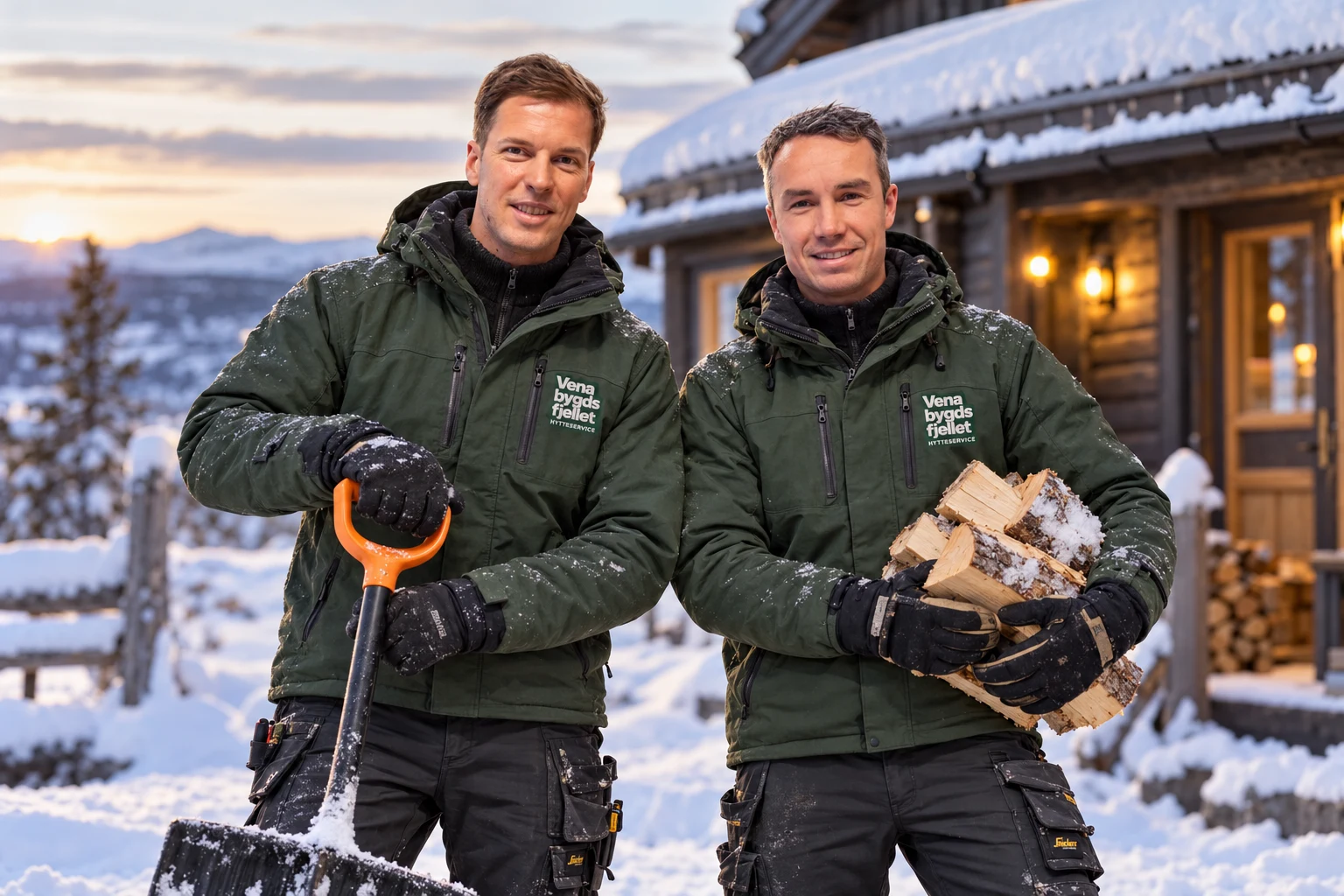 Illustrated winter scene with two men outside a cabin